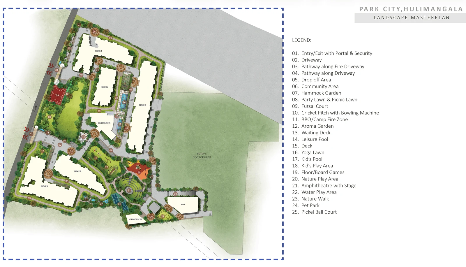 Landscape master plan of Bren Park City with the towers, the central green and a legend of 25 amenities